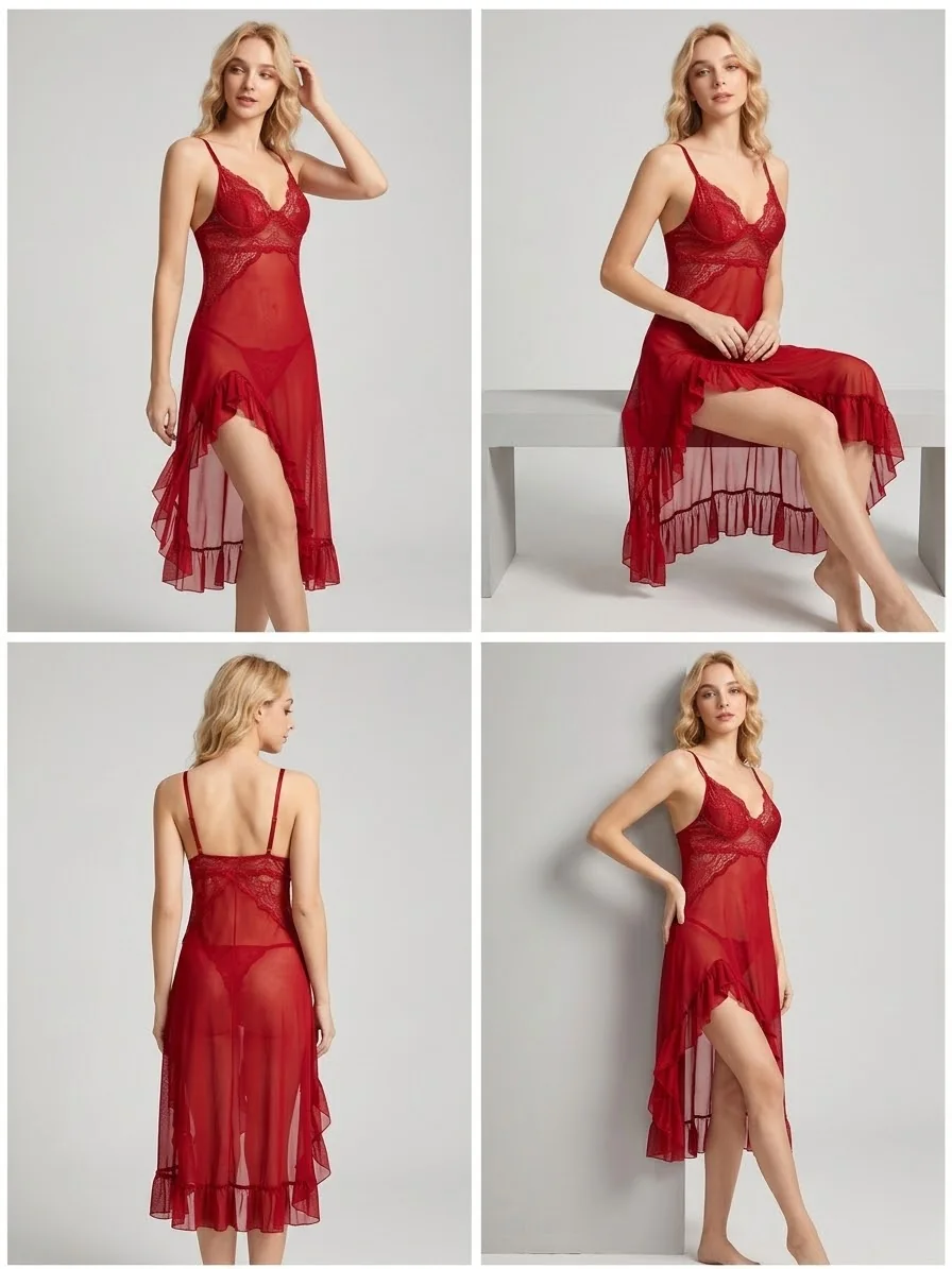 Women’s Sexy Lace Trim Mesh High-Slit Nightgown with Matching G-String – Elegant & Comfortable Sleepwear